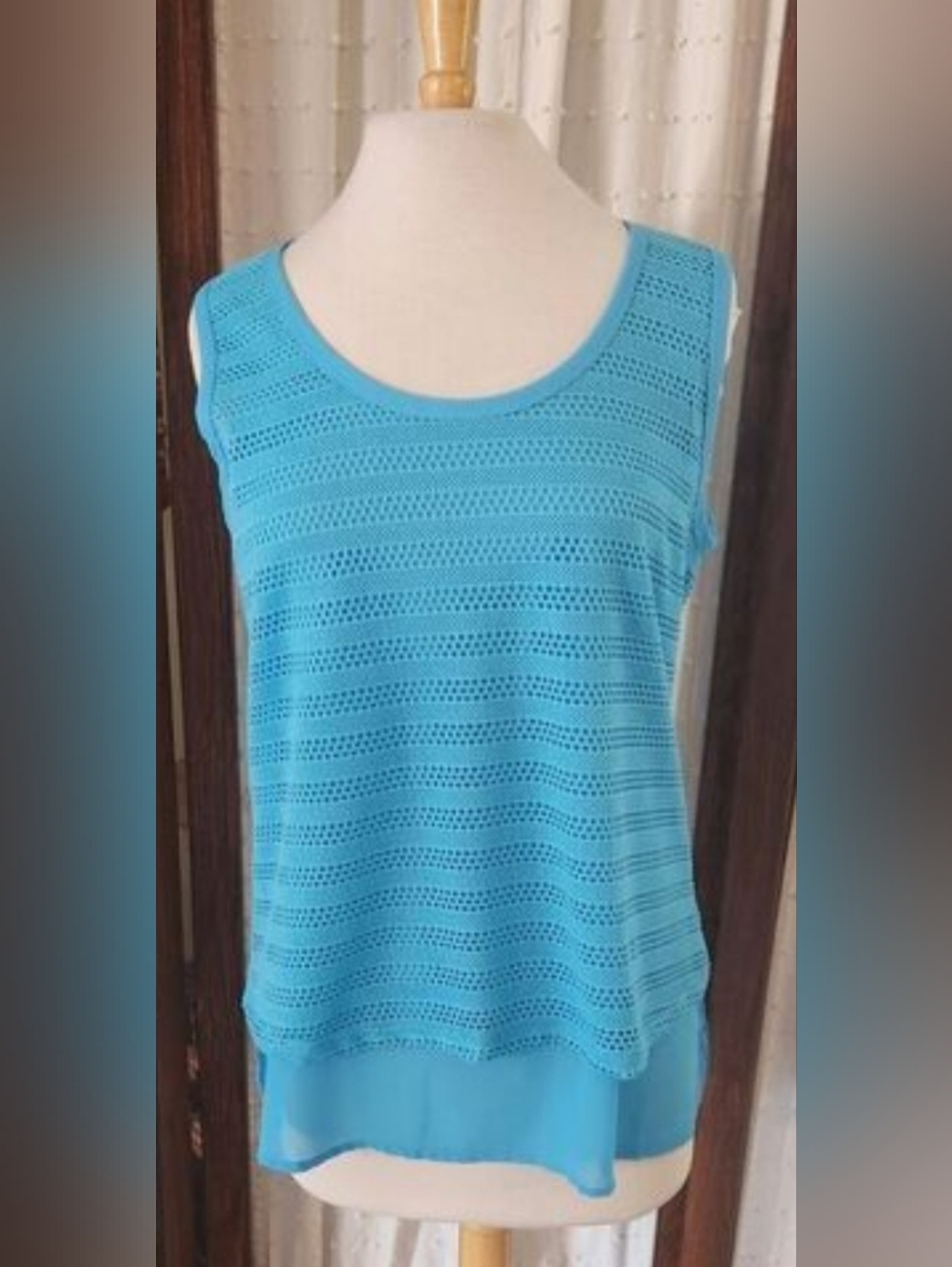 Essentials by Milano Blue Sleeveless Open Weave Layered Tank Top-Turquois